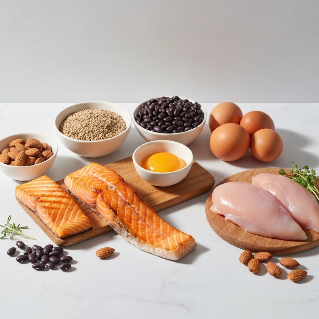 Protein-rich foods including fish, eggs, and legumes